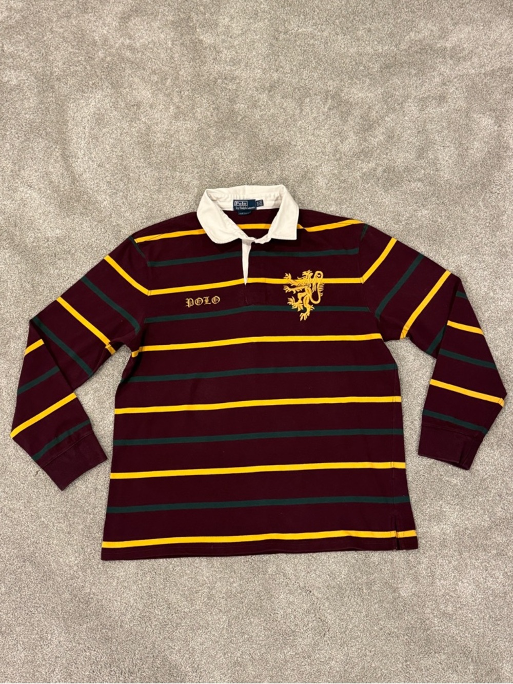 Vintage Polo Ralph Lauren Mens Rugby Striped Collared Shirt Lion Crest Maroon